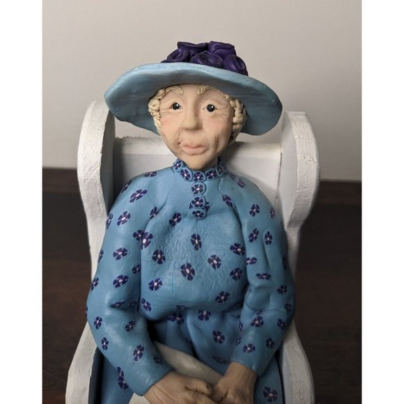 VTG Polymer Clay Handmade Old Woman Sitting on a Rocking Chair - 8" Hat Flowers - Picture 3 of 15